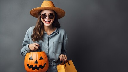 Young style girl in jeans clothes with shopping bags and Halloween pumpkin on grey background. 