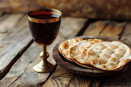 Unleavened bread with silver chalice of wine. Christian communion concept for reminder of Jesus sacrifice.