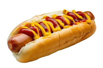 traditional hotdog with mustard and ketchup on transparent background