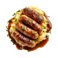 gourmet sausage and mash, bangers and mash on transparent background