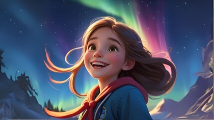 Cute beautiful gorgeous girl looking at Northern light in the sky, digital art style, high resolution illustration 