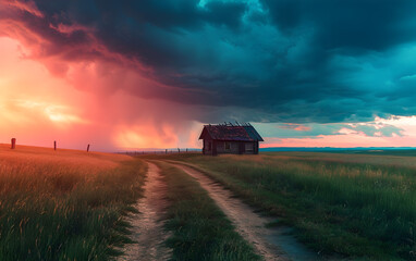 Obraz premium Rural Farmland Setting with Ominous Storm Clouds