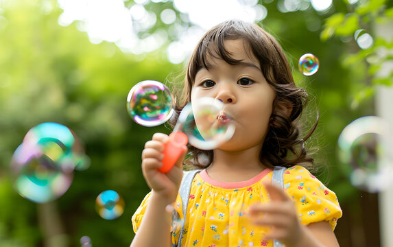 Playful Girl Blowing Bubbles in Yellow Dress