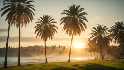 Palms in the Sunset Glow, Golden hour - obrazy, fototapety, plakaty
