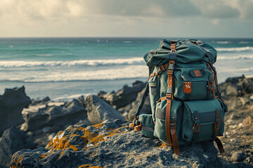 Traveler backpack on rock and beach in background