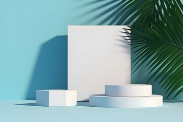 Abstract Background of Empty Podium Display for Products and Cosmetic Presentation and Mock Up. White Box Pedestal or Showcase With Shadow of Palm Leaves and Blue Wall. Summer Time. 3d Rendering