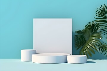 Abstract Background of Empty Podium Display for Products and Cosmetic Presentation and Mock Up. White Box Pedestal or Showcase With Shadow of Palm Leaves and Blue Wall. Summer Time. 3d Rendering