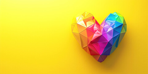 Banner of 3D heart on studio background in color of LGBTQ pride flag. Sign for love, equality and solidarity of a gay couple. Rainbow, freedom. Empty space place for text, copy paste