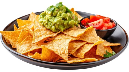 Plate of freshly made spicy nachos with guacamole isolated on transparent background