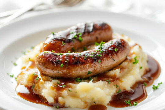 gourmet sausage and mash, bangers and mash on white plate