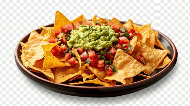 Plate of freshly made spicy nachos with guacamole isolated on transparent background