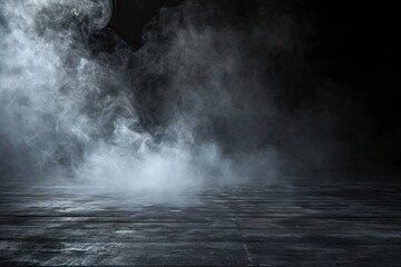 Abstract white smoke and fog on dark concrete background modern artistic concept with light and shadow creating mysterious smoky in empty room for futuristic studio designs and creative backdrops - obrazy, fototapety, plakaty