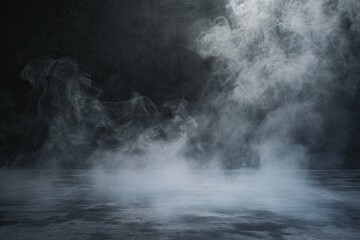 Abstract white smoke and fog on dark concrete background modern artistic concept with light and...