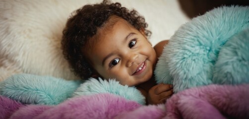  a close up of a child laying on a bed with a stuffed animal in front of her, smiling at the camera, with a blue and pink blanket behind her.