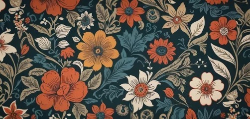 Wandcirkels aluminium  a close up of a flowery wallpaper with orange, yellow, and blue flowers on a dark blue background with leaves and flowers on the side of the wall. © Jevjenijs