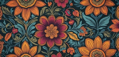  a close up of a pattern of flowers on a black background with red, orange, and yellow flowers on the bottom of the image and bottom half of the image.