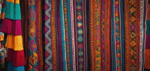  a display of colorful fabrics and tassels hanging on a wall in a room with other tassels hanging on the wall and a wall in the background.