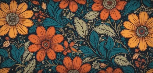 Möbelaufkleber  a painting of orange and blue flowers on a blue background with leaves and flowers on the bottom half of the picture and the bottom half of the painting of the frame. © Jevjenijs