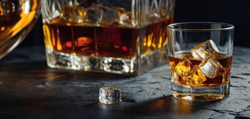 a glass of whiskey with ice cubes on a table next to a glass of whiskey with ice cubes on a table next to a glass with ice cubes.