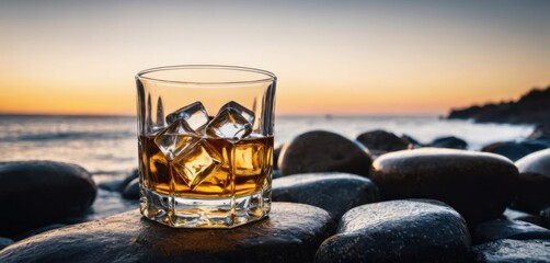  a glass of whiskey sitting on top of a rock next to a body of water with rocks in the foreground and the sun setting in the distance behind it.