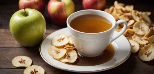  a cup of tea sits on a saucer next to a plate of apple slices and a few pieces of apple cider on a wooden table with apples in the background.