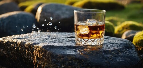  a glass of whiskey sitting on a rock with water splashing out of the top of it and on top of the rocks is a grassy area with rocks and green grass.