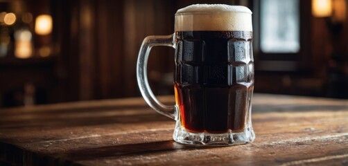  a close up of a glass of beer on a table with a blurry background of another glass of beer on a table with a wooden table in the foreground.