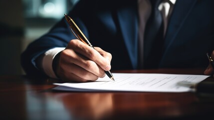 Man businessman signs documents with a pen making the signature sitting at the desk in the light.