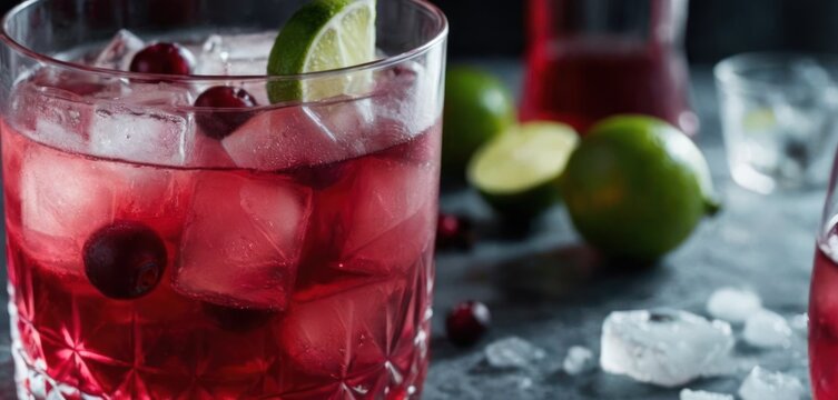  a close up of a drink in a glass with ice and cranberries on a table with limes, limes, and cranberries in the background.