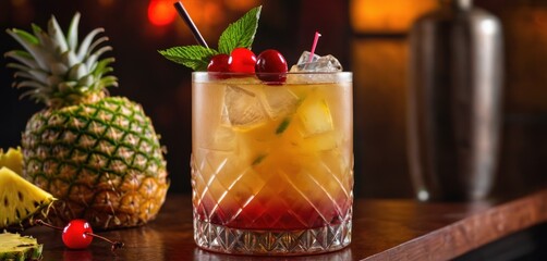  a close up of a drink in a glass with a pineapple and cherries on a table next to a pineapple and a glass of watermelon. - obrazy, fototapety, plakaty