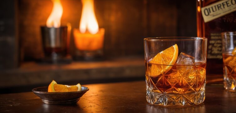  a close up of a glass of alcohol on a table with a bowl of oranges and a bottle of liquor in front of a fire place of a fireplace.