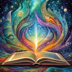 magic book with light.a mesmerizing digital illustration of an open book titled "The Universe Unfolds," where each page reveals a dreamscape of wonder and imagination. Use vibrant colors and intricate