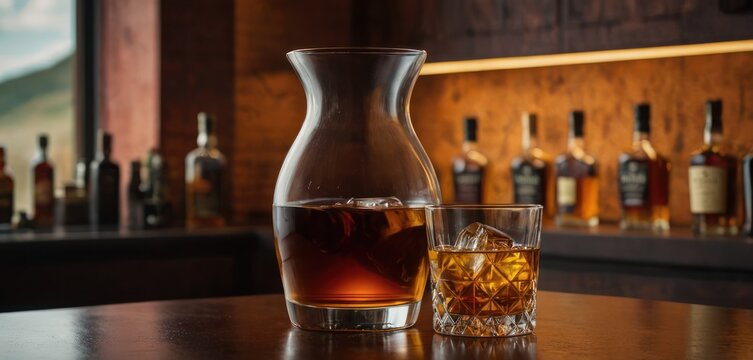  a glass of whiskey next to a decanter with a bottle of whiskey in front of it on a table in front of a bar with bottles in the background.