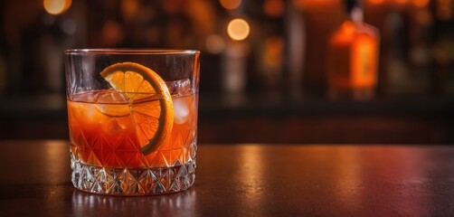  a close up of a glass of alcohol with a slice of orange on the rim of the glass and a bottle of liquor in the back ground in the background.
