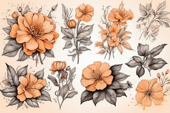 Hand drawn digital illustration of orange hibiscus flowers, buds and leaves. retro style