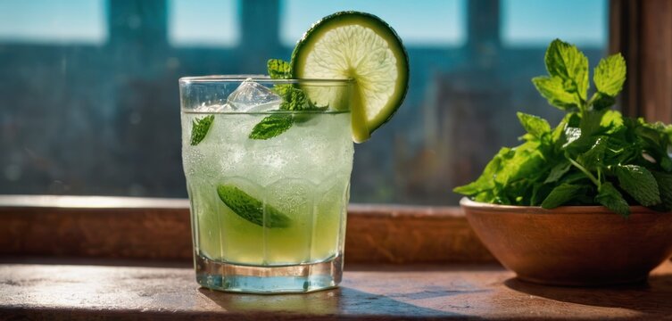  a glass of water with a lime and mint garnish on the rim next to a bowl of mint and a potted plant on a window sill.
