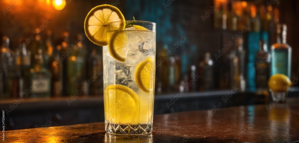 Wall mural  a glass of lemonade with a slice of lemon on the rim of the glass and a bottle of alcohol behind it on a bar with liquor bottles in the background.