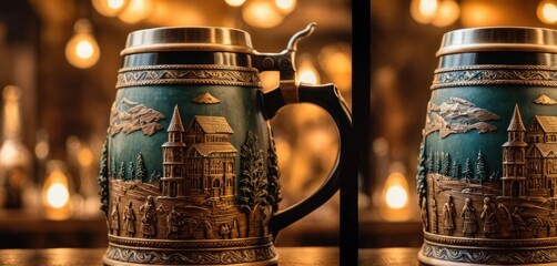  a beer mug with a picture of a castle on the front and a picture of a castle on the back of the mug, both of the same mugs. - obrazy, fototapety, plakaty