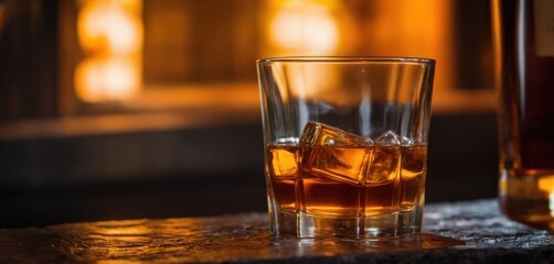  a glass of whiskey with ice cubes on a table next to a bottle of whiskey and another glass with ice cubes on a table in front of a fireplace.