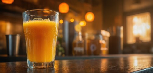  a glass filled with orange juice sitting on top of a counter next to a bottle of orange juice and a glass filled with orange juice on top of orange juice. - obrazy, fototapety, plakaty