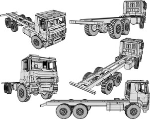 Vector sketch illustration of trailer truck design without container - obrazy, fototapety, plakaty