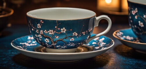 a close up of a cup and saucer with a saucer and saucer on a table with a lit candle behind the cup and saucer and saucer.