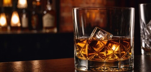  a glass of whiskey with ice cubes sitting on a table in front of a bottle of whiskey and a glass of whiskey with ice cubes on the table.