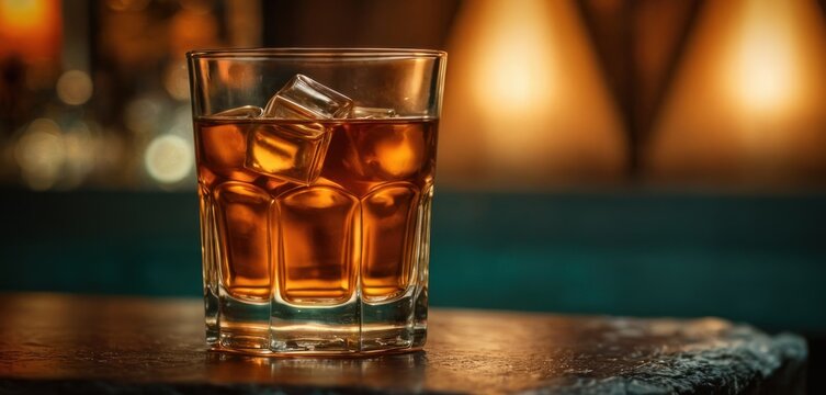  a glass of whiskey with ice cubes on a table in a dimly lit room with a bar in the back ground and a lamp in the corner of the background.