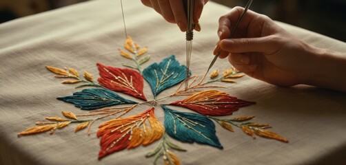  a close up of a person using a pair of scissors to work on a piece of cloth with a flower design on the front of the piece of the cloth. - obrazy, fototapety, plakaty