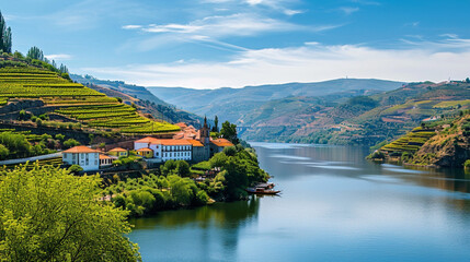 ポルトガルのワイン産地、ドウロ渓谷を流れる美しいドウロ川GenerativeAI - obrazy, fototapety, plakaty