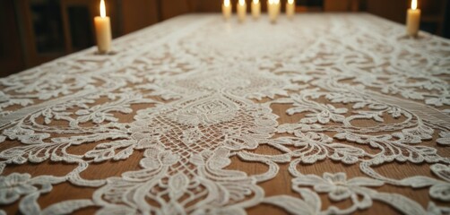  a table topped with a white table cloth covered in white lace next to a row of lit candles on top of a wooden table in front of a wooden cabinets.