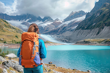 Female hiker in blue orange clothes with backpack looking out over a scenic turquoise lake view