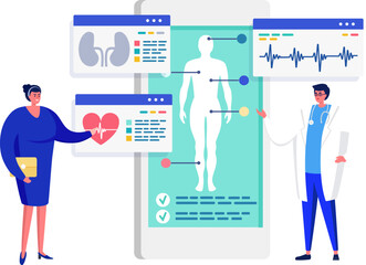 Female doctor and nurse using digital health record. Medical staff analyze patient data on large screen. Health technology and medical examination vector illustration.