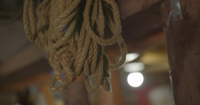 Long wound rope hanging in garage
